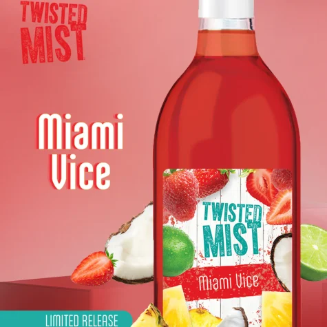 Bottle of Twisted Mist Miami Vice fruit wine with strawberry, pineapple and coconut flavours
